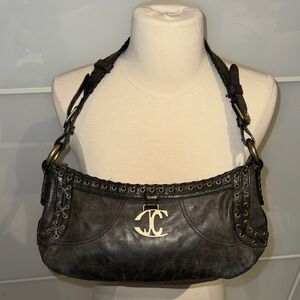 Just Cavalli Black Leather Shoulder Bag with Gold Accents